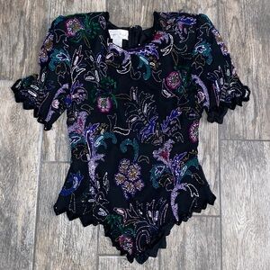 Laurence Kazar 🔥 Vintage Beaded Floral Silk Party Top
